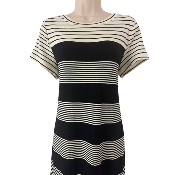 Size Large CALVIN KLEIN BLACK & IVORY SOFT STRIPED T-SHIRT DRESS Summer Vacation - Picture 5 of 9